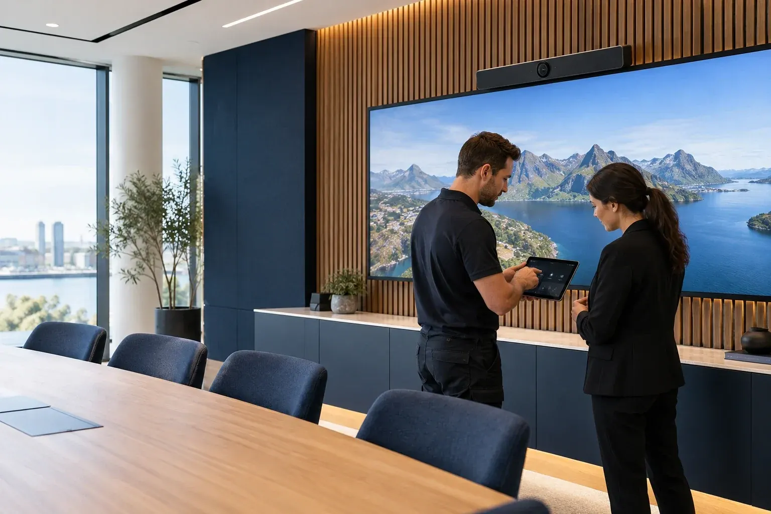 AV professionals reviewing a touchscreen system in a completed meeting room