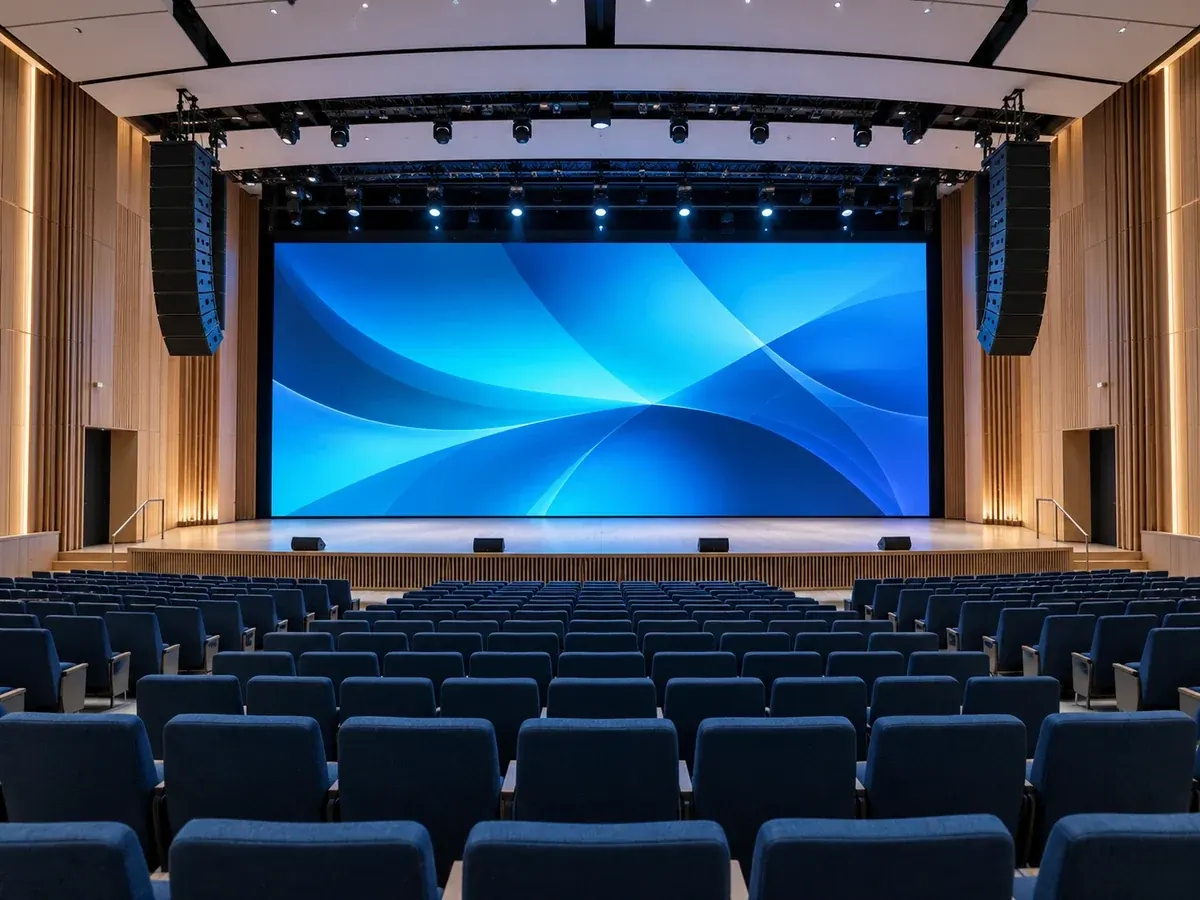 Auditorium with suspended loudspeakers, a large LED display and theatre seating
