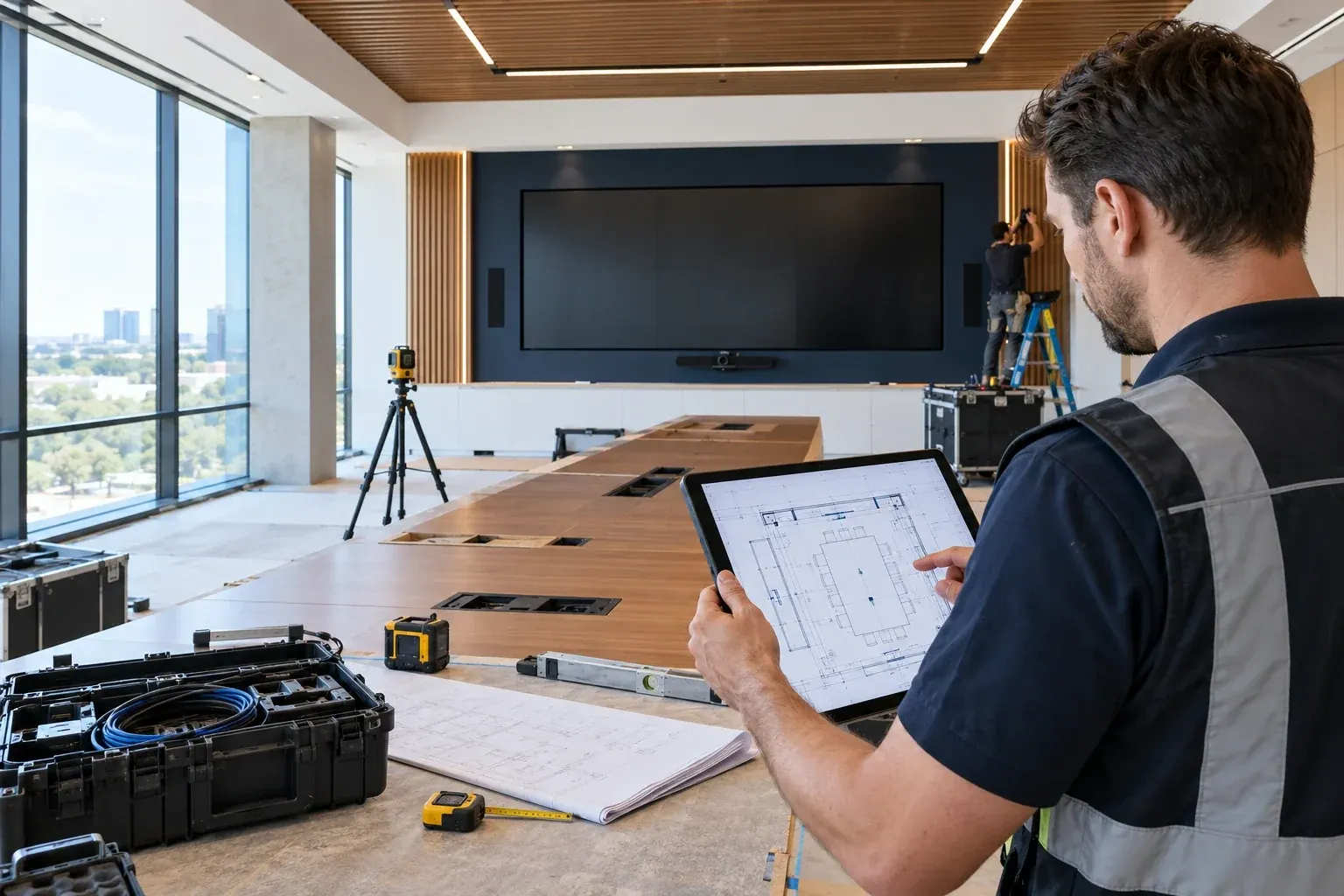 AV engineer reviewing room plans during a professional installation