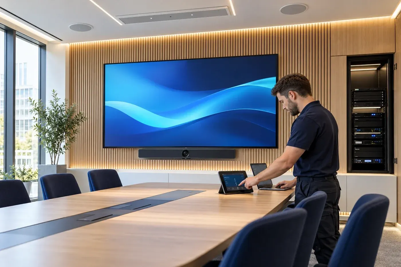 AV technician configuring a meeting-room touch controller beside a seamless display and equipment rack