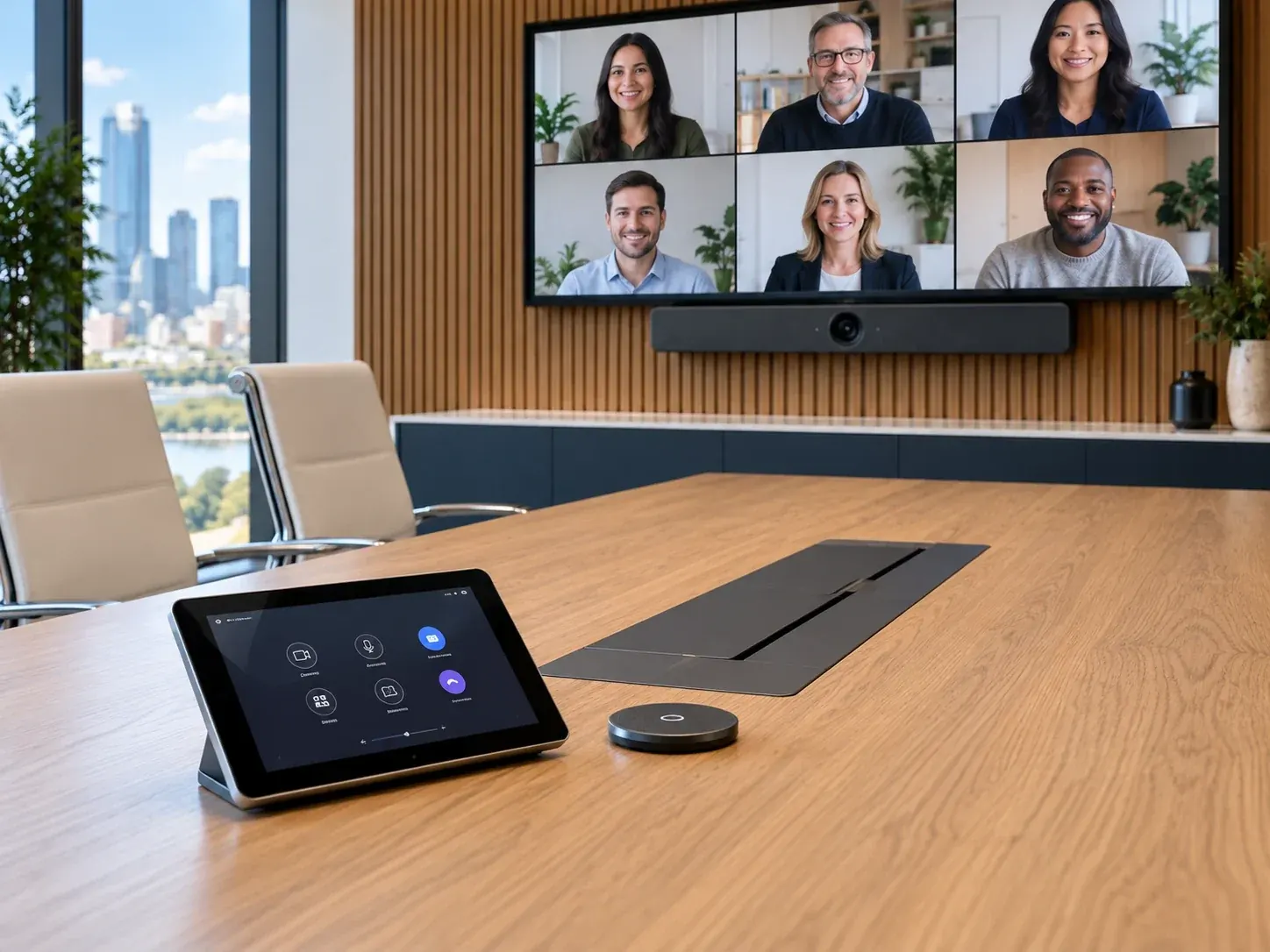 Close-up of a tabletop AV touchscreen and integrated presentation connections