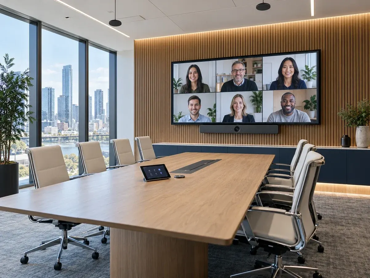 Bright boardroom with a video meeting display, conferencing soundbar and touch controller