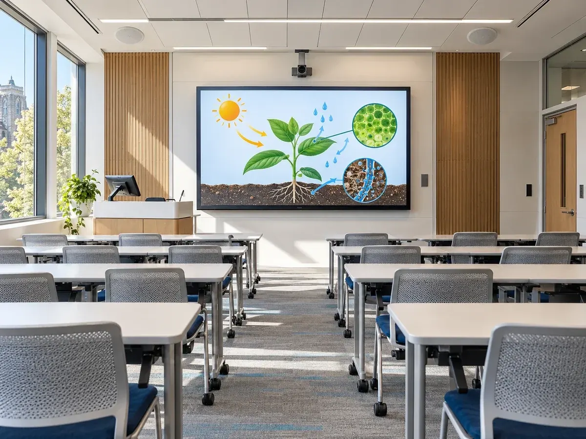 Modern classroom with an interactive teaching display and installed classroom audio