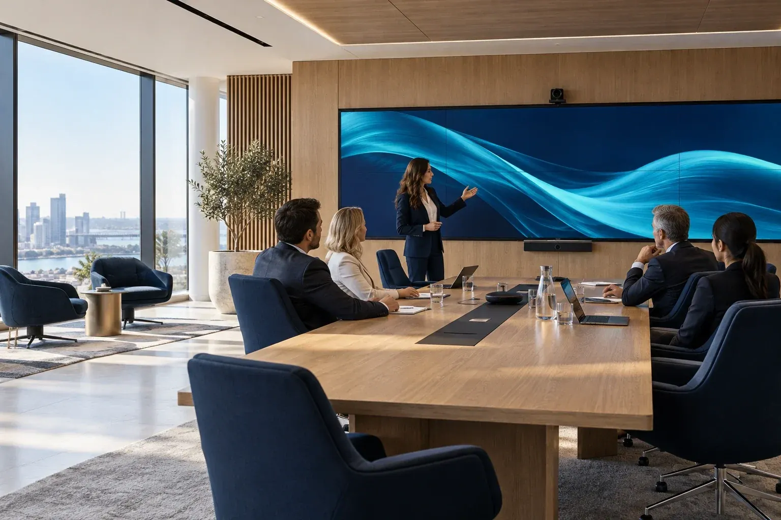 Illustrative boardroom concept with a large display and integrated meeting technology