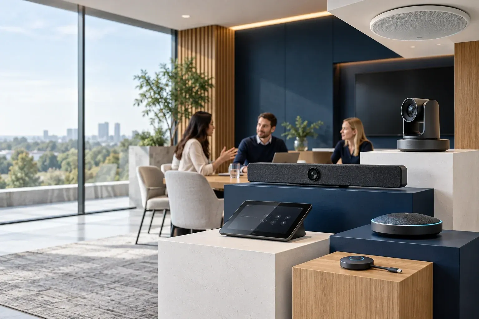 Conferencing cameras, soundbar, speakerphone and touch controller in an AV showroom