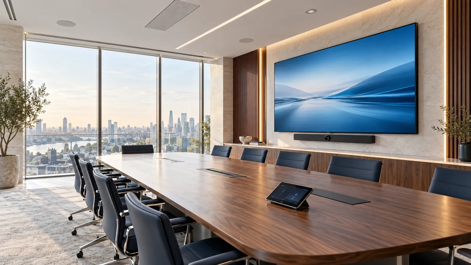 Modern executive boardroom with a seamless display, conferencing soundbar and tabletop touchscreen
