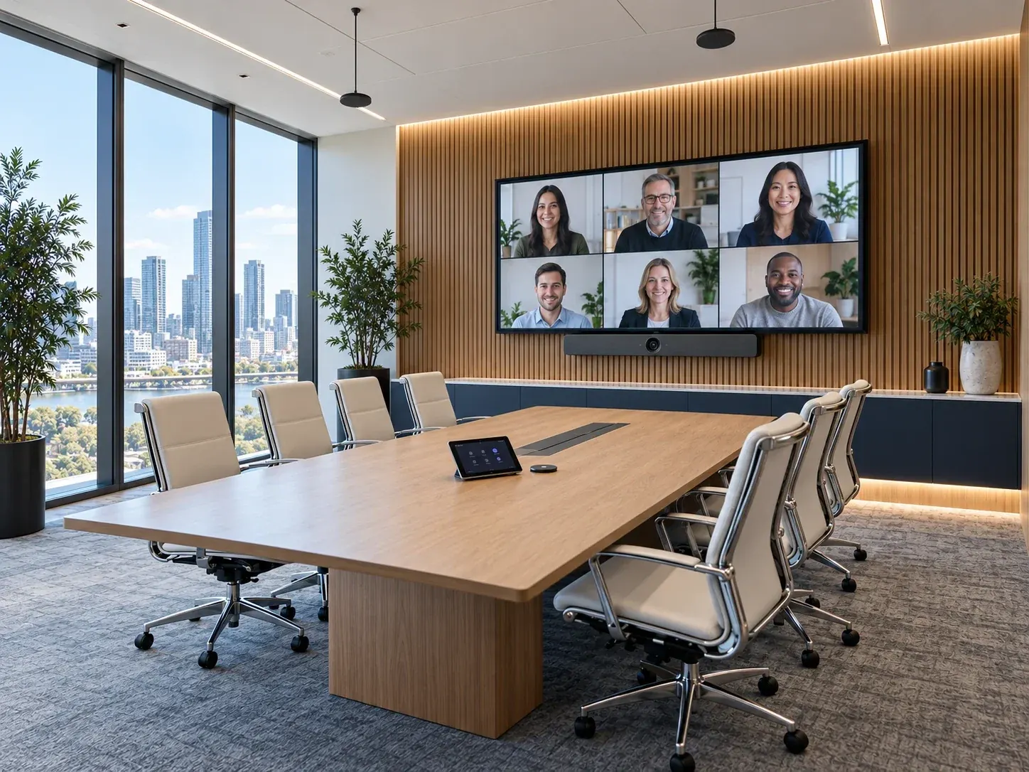 Alternate view of an illustrative hybrid boardroom with display, soundbar and touch controller