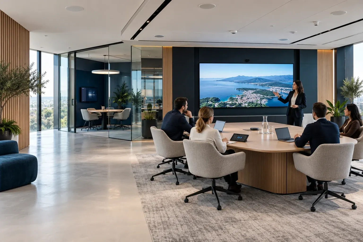 Team presentation in a modern room with integrated display and conferencing equipment