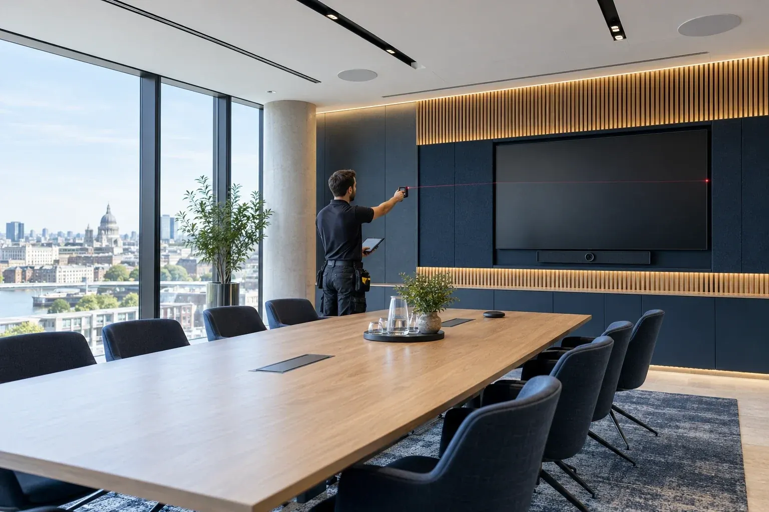 AV specialist assessing display placement in a meeting room