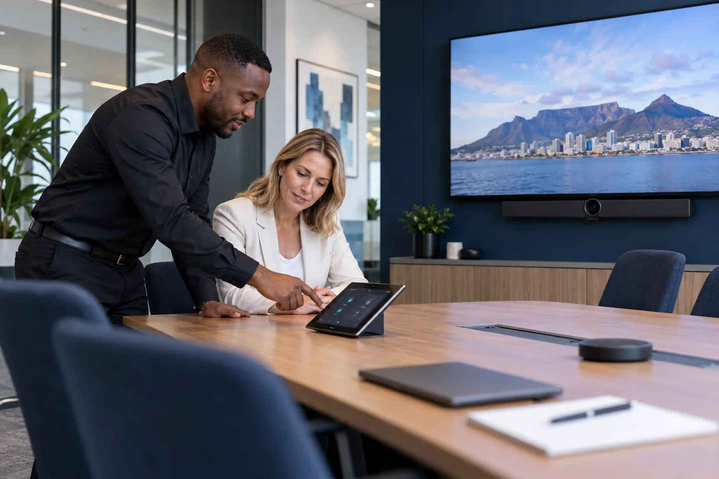 South African AV technician demonstrating a meeting-room touch controller to an office manager — illustrative scene