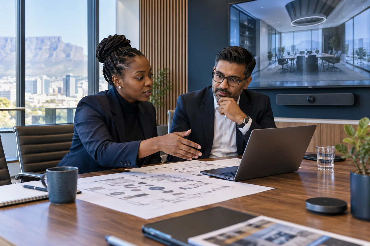 South African AV consultant and client reviewing meeting-room plans together — illustrative scene