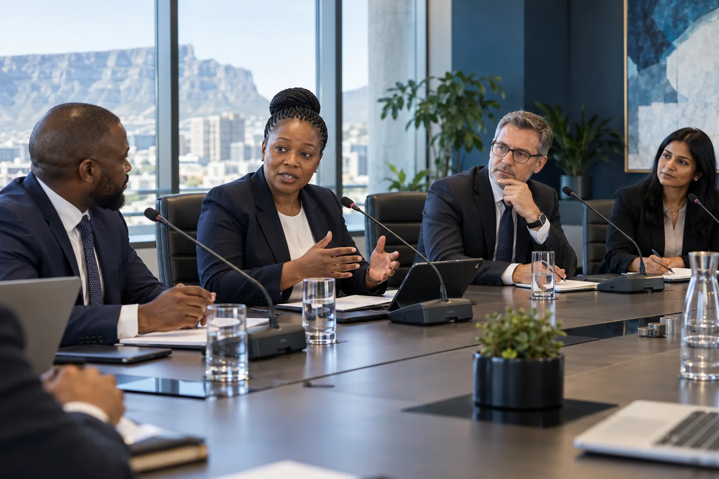 Diverse South African committee using individual discussion microphones in a conference room — illustrative scene