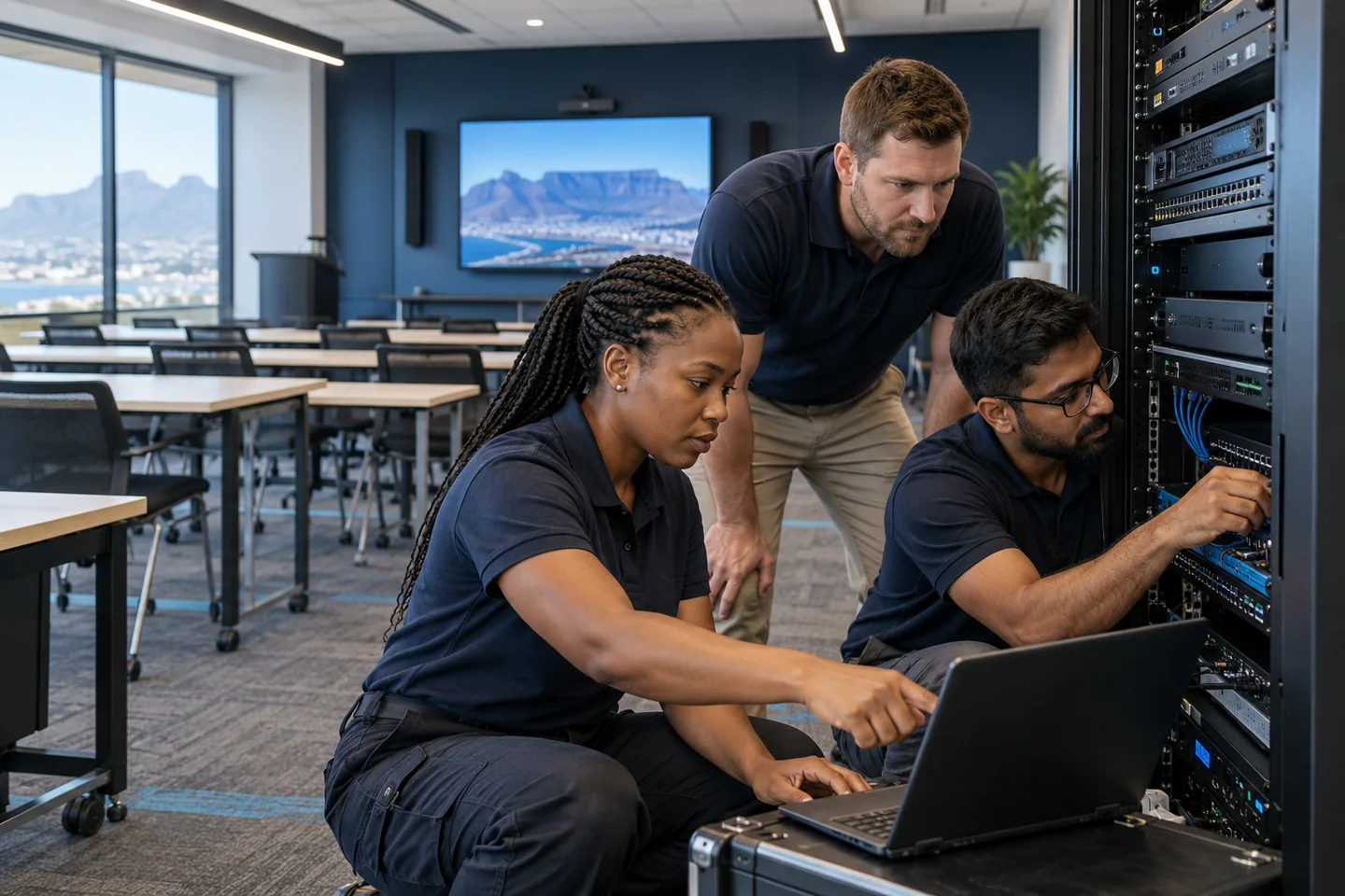 Diverse South African AV technicians collaborating beside a training-room equipment rack — illustrative scene