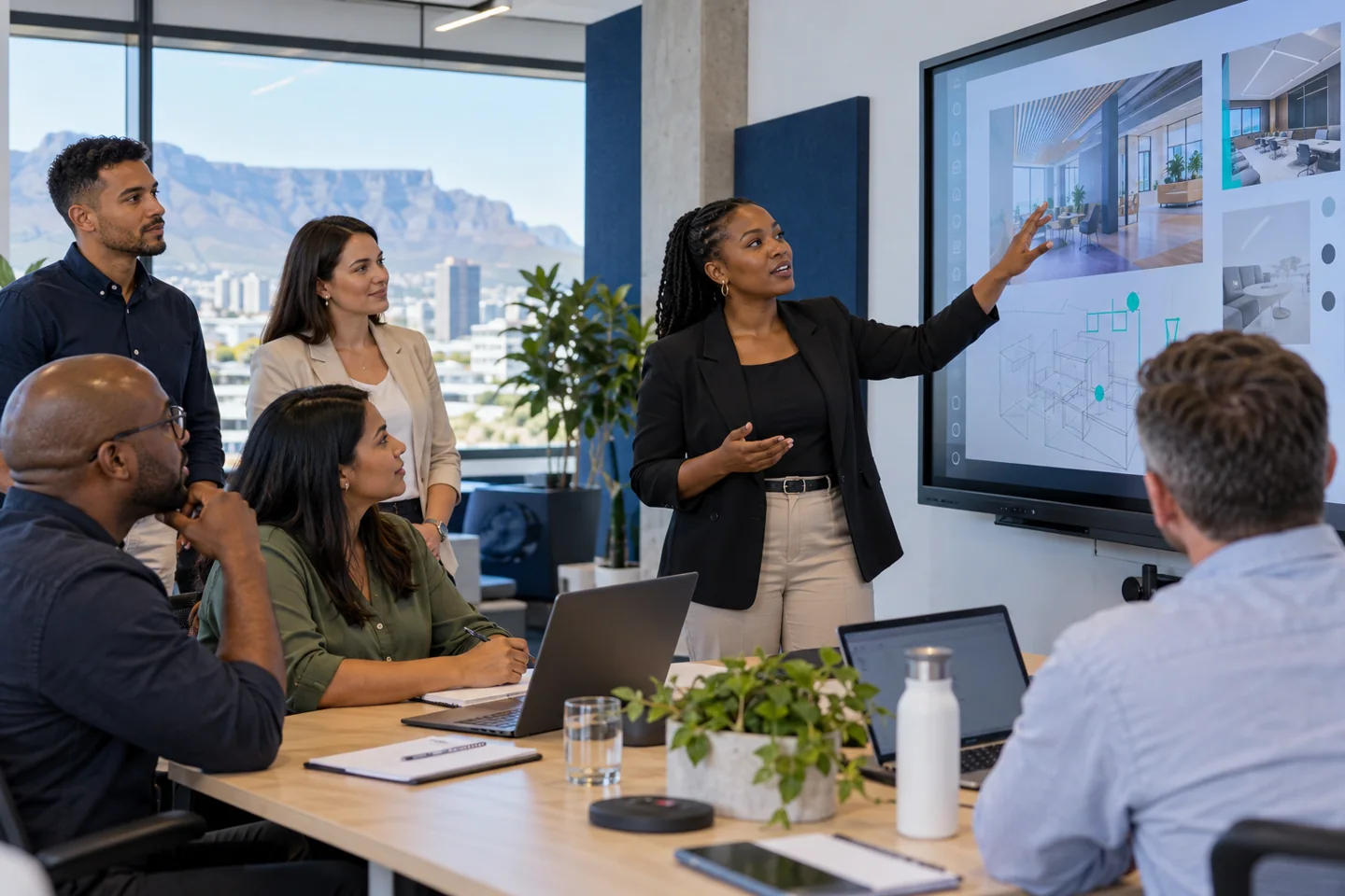 Diverse South African colleagues taking part in an interactive-display workshop — illustrative scene