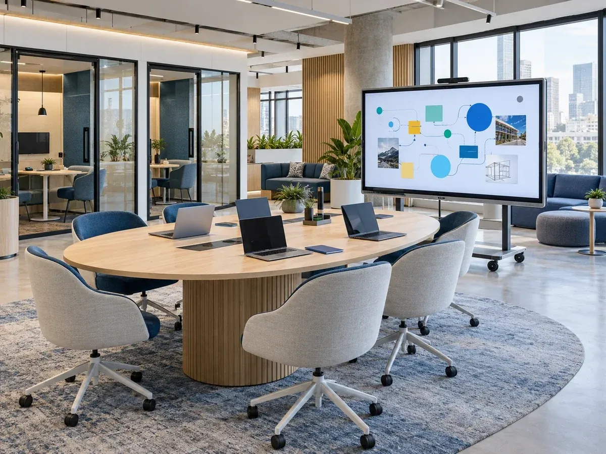 Collaborative workplace with a mobile interactive display and shared work table